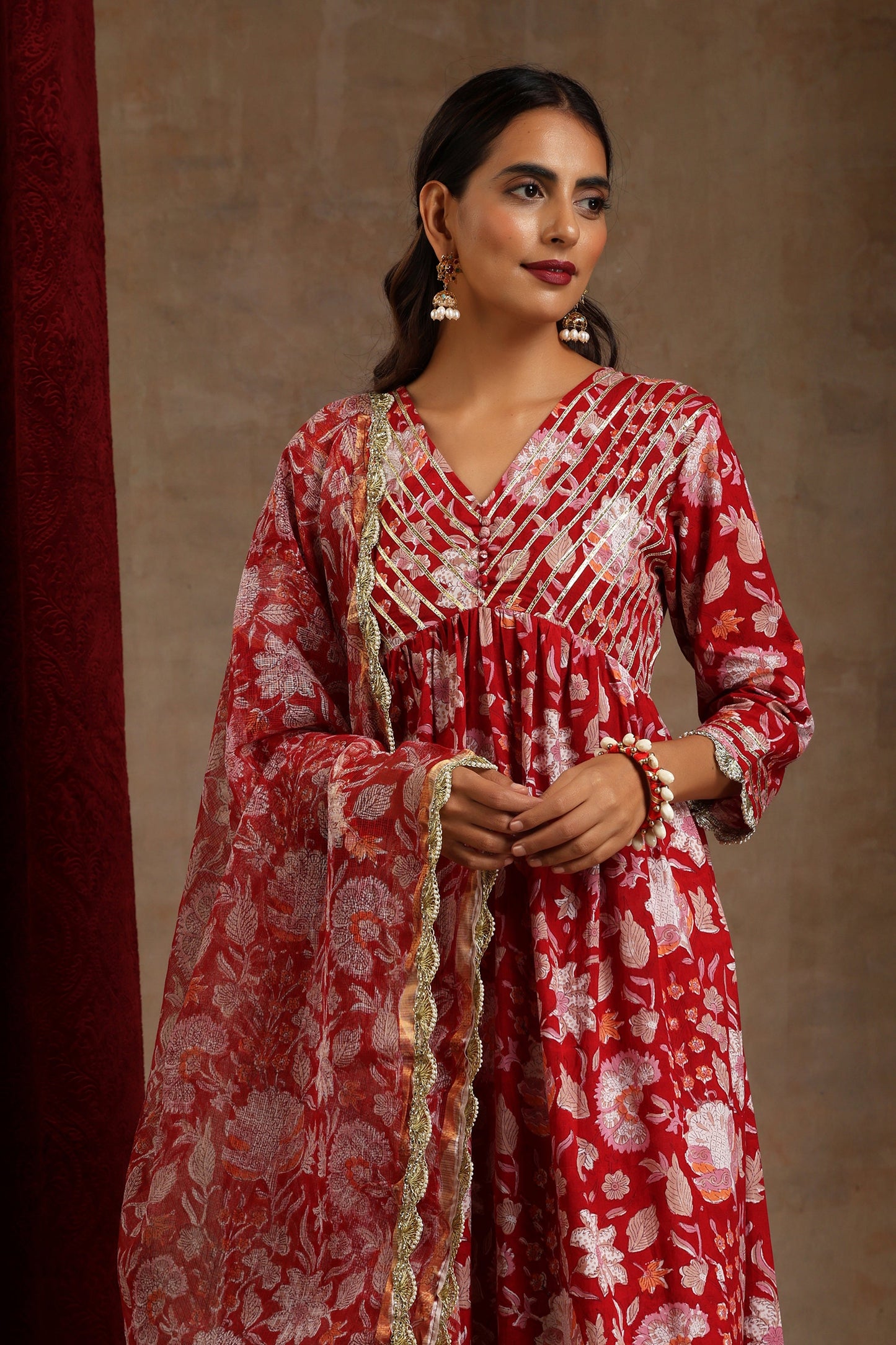 Murraya Red Scarlet Floral Anarkali Set of 3