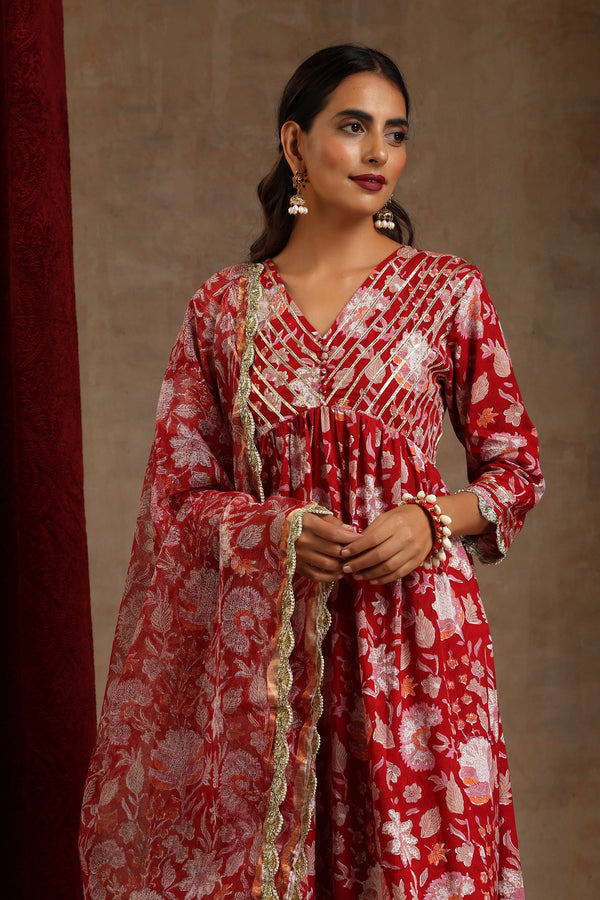 Murraya Red Scarlet Floral Anarkali Set of 3