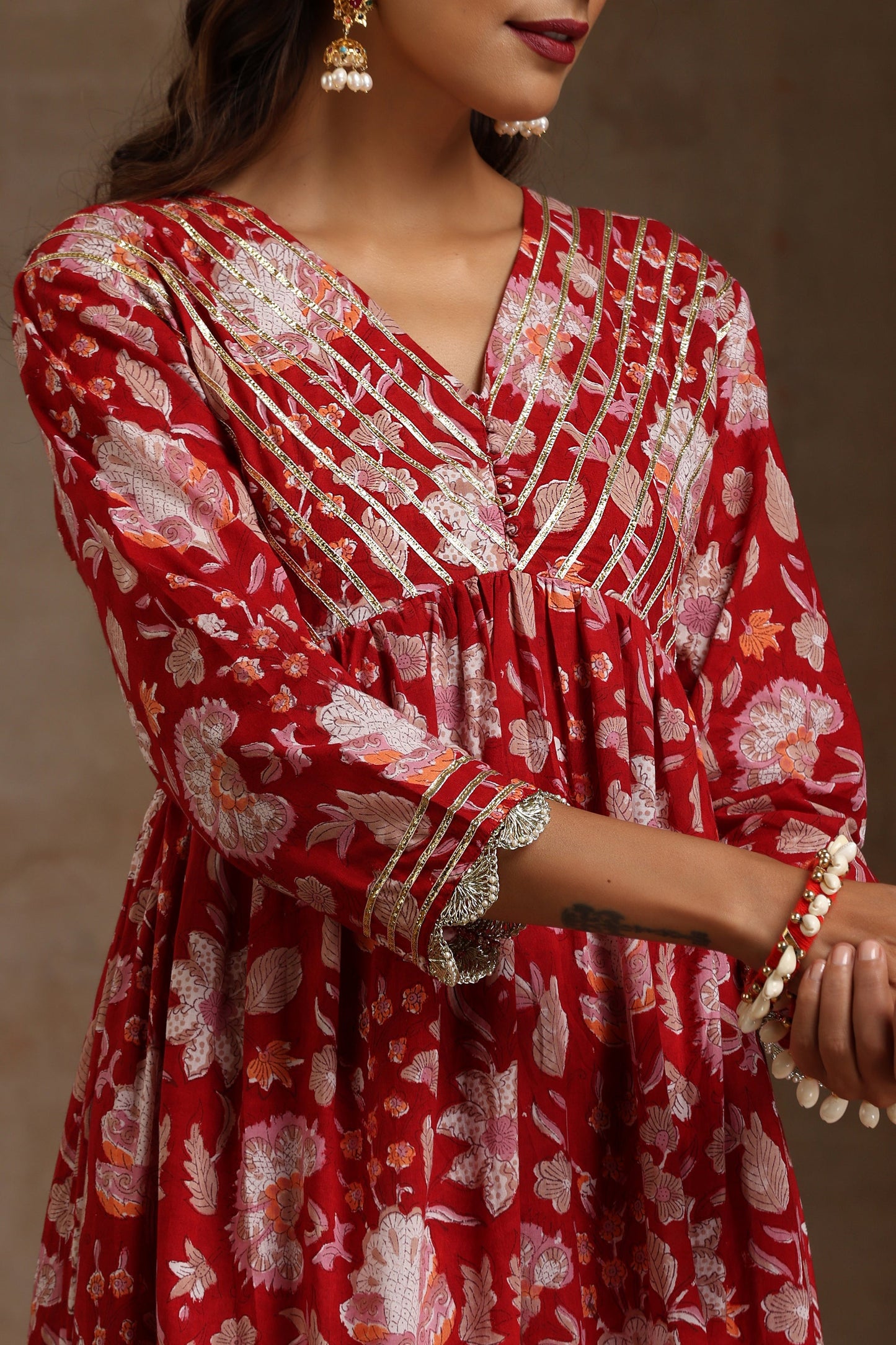 Murraya Red Scarlet Floral Anarkali Set of 3