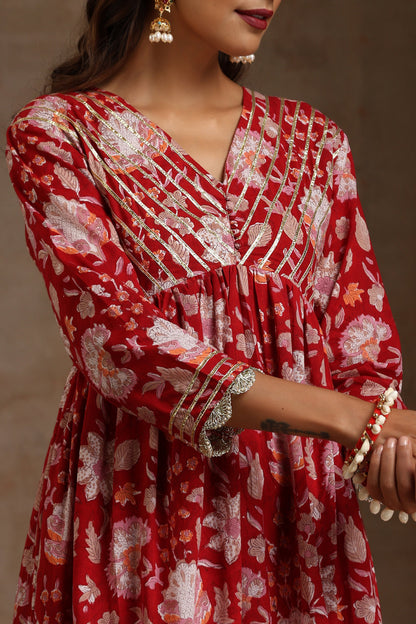 Murraya Red Scarlet Floral Anarkali Set of 3