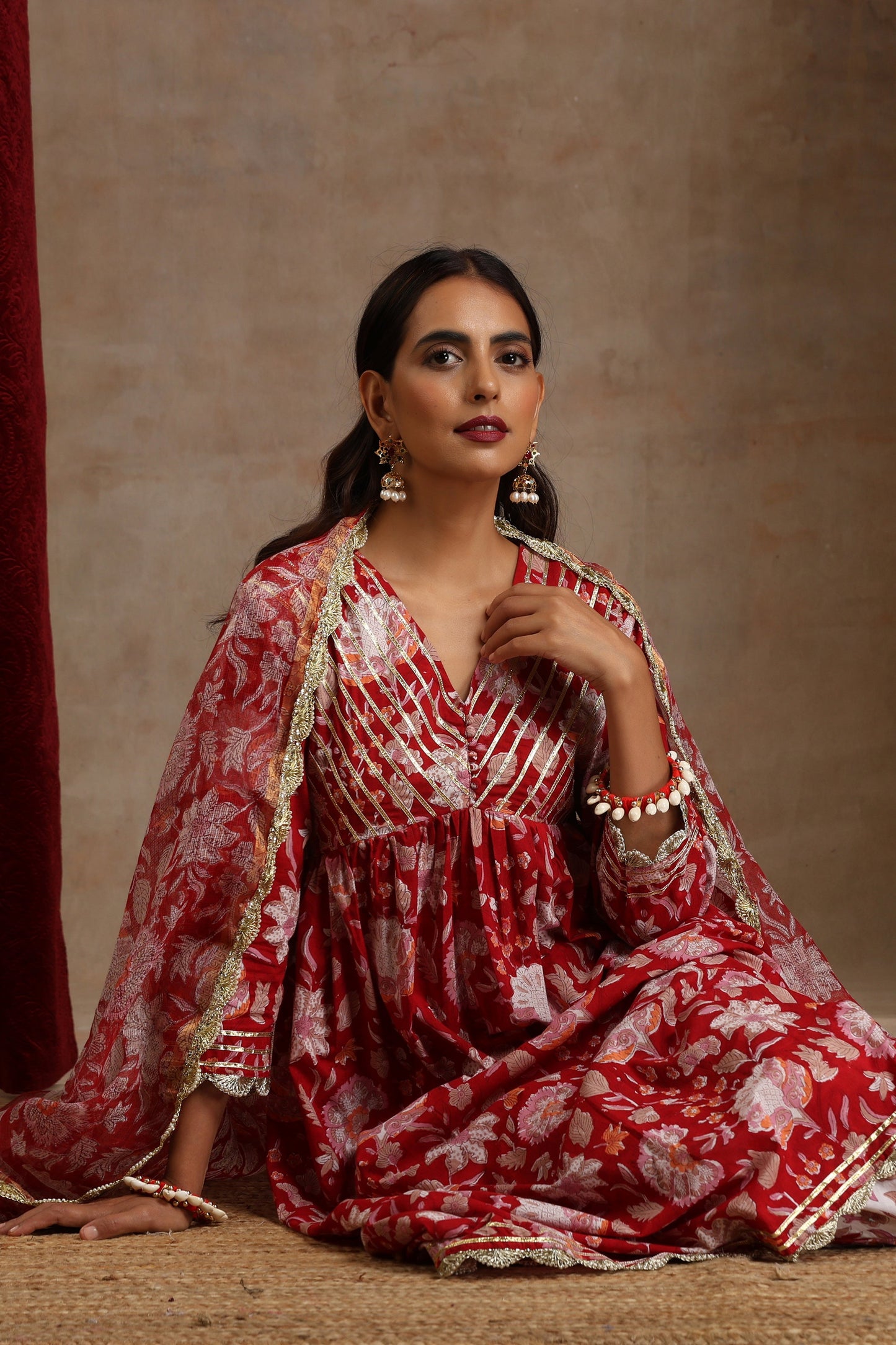 Murraya Red Scarlet Floral Anarkali Set of 3