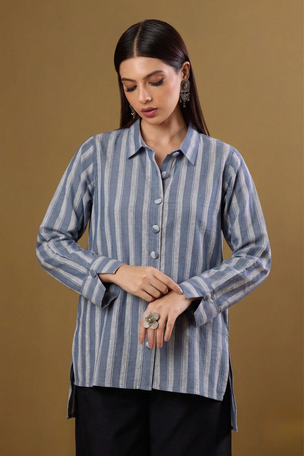 Nautical_Blue_Bands_High_Low_Hem_Cotton_Shirt