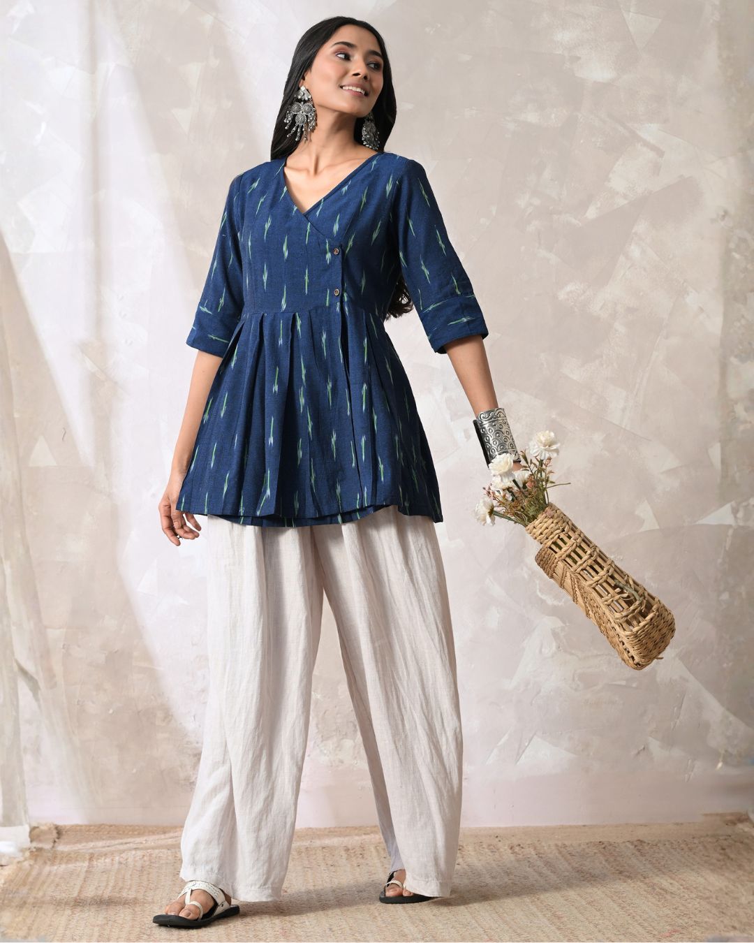 Navy Ikat Wrap Top