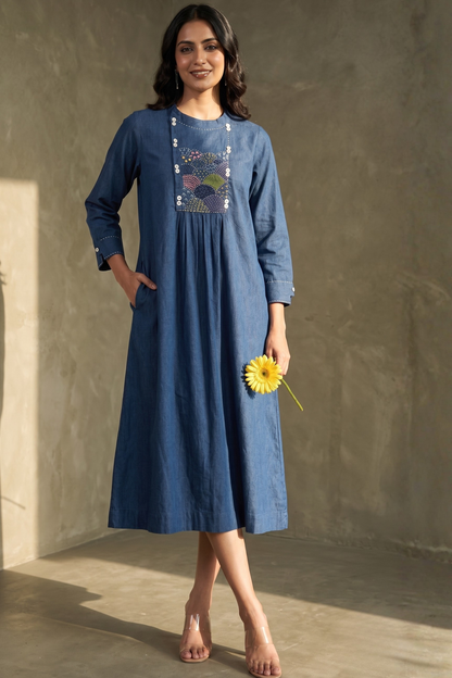Navy Denim Classic Cotton Zen Yoke Gather Kurta Mc