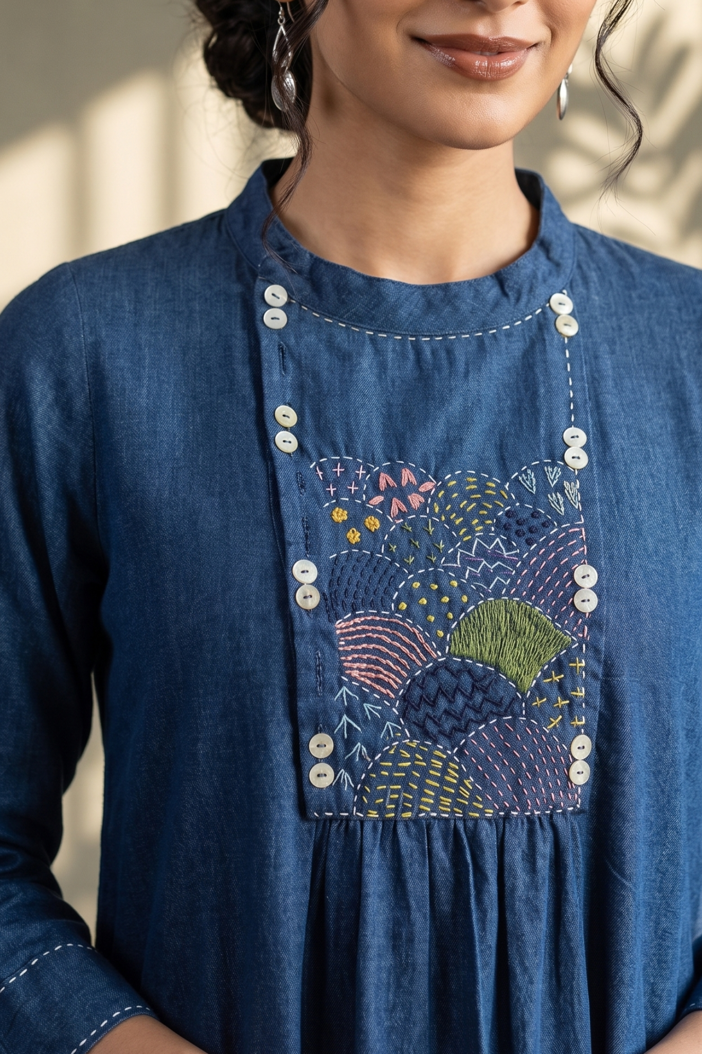Navy Denim Classic Cotton Zen Yoke Gather Kurta Mc