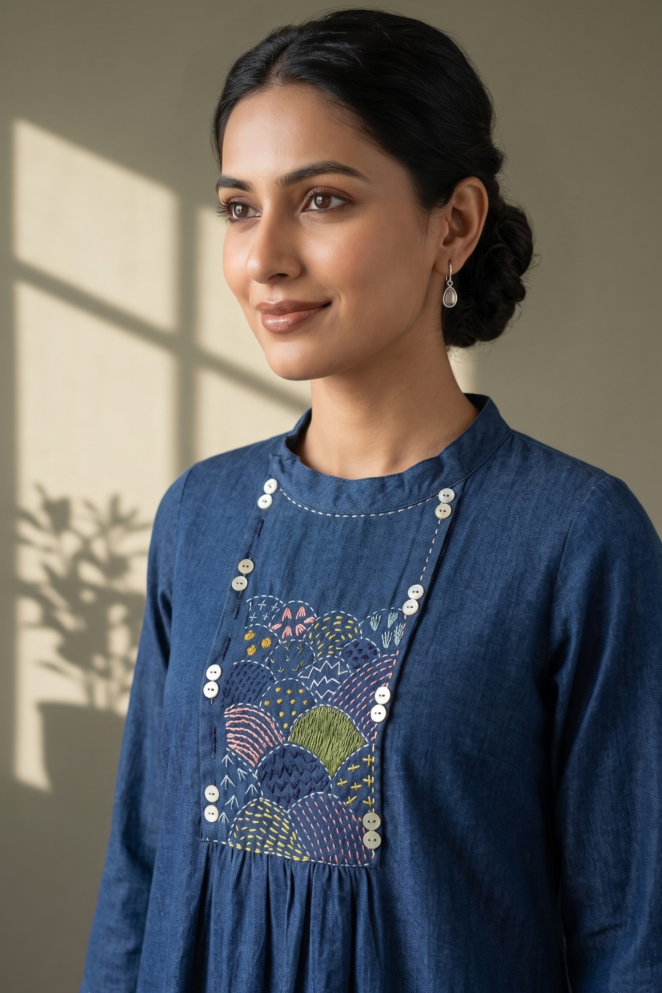 Navy Denim Classic Cotton Zen Yoke Gather Kurta Mc