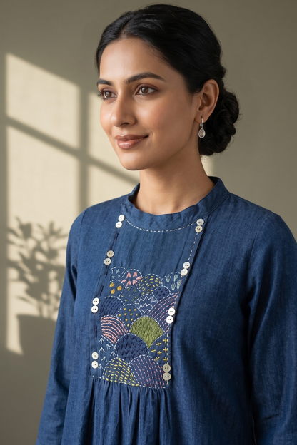 Navy Denim Classic Cotton Zen Yoke Gather Kurta Mc