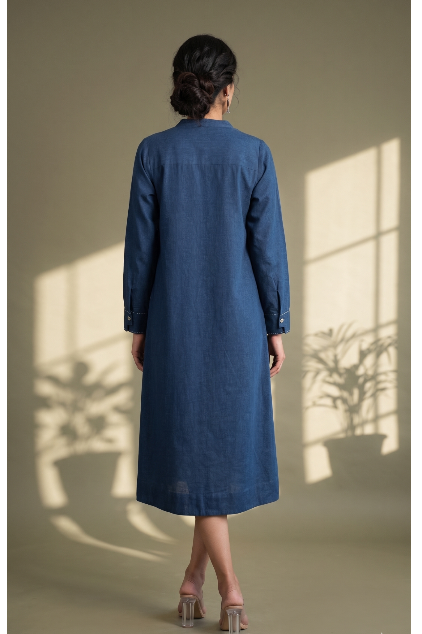 Navy Denim Classic Cotton Zen Yoke Gather Kurta Mc