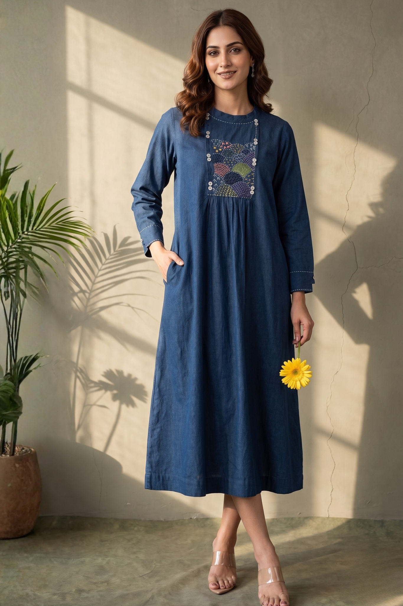 Navy Denim Classic Cotton Zen Yoke Gather Kurta Mc