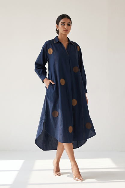 Navy Stillness Cotton Collar Box Pleat Kurta Top Mc
