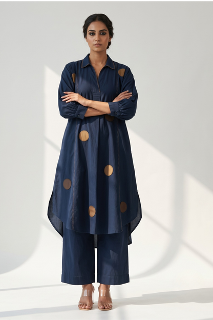 Navy Stillness Cotton Collar Box Pleat Kurta Top Mc