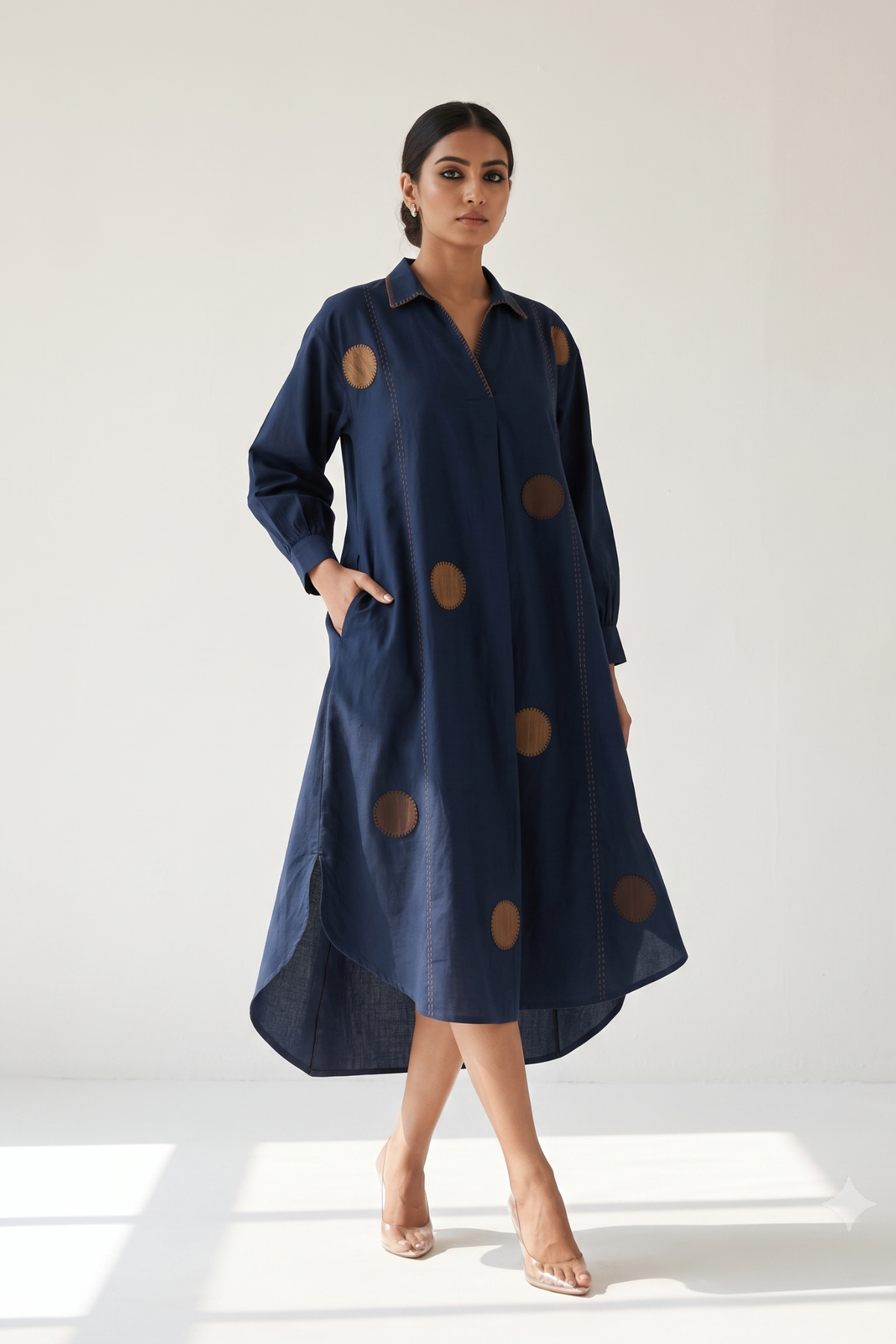 Navy Stillness Cotton Collar Box Pleat Kurta Top Mc