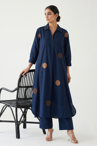 Navy Stillness Cotton Collar Box Pleat Kurta Top Mc