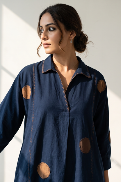 Navy Stillness Cotton Collar Box Pleat Kurta Top Mc