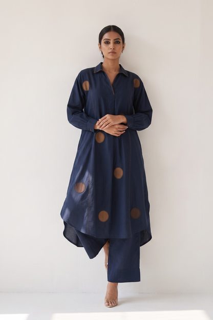 Navy Stillness Cotton Collar Box Pleat Kurta Top Mc