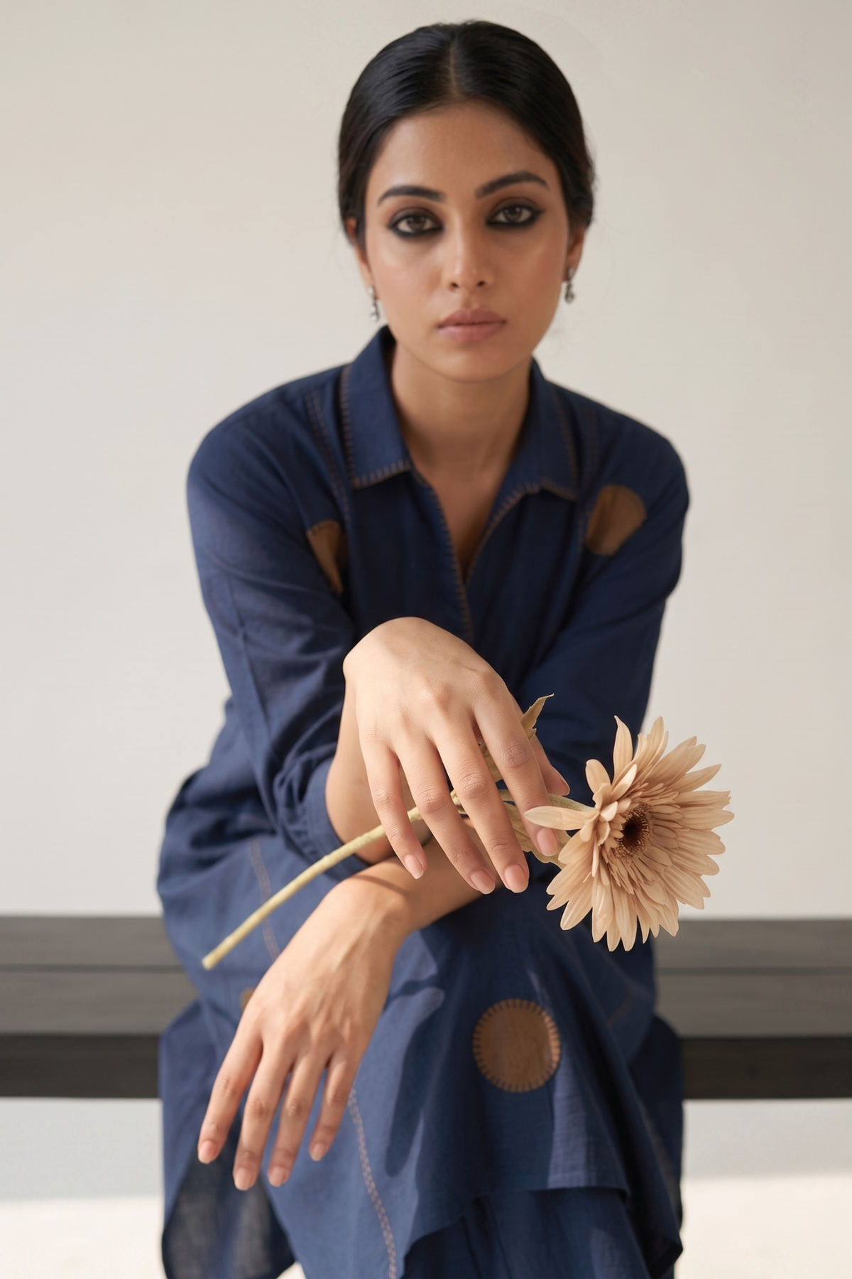 Navy Stillness Cotton Collar Box Pleat Kurta Top Mc