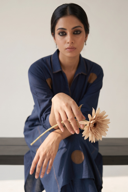 Navy Stillness Cotton Collar Box Pleat Kurta Top Mc