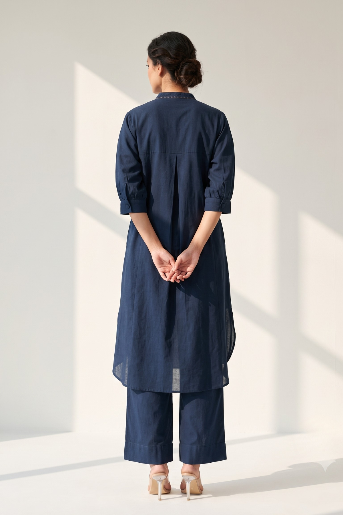 Navy Stillness Cotton Collar Box Pleat Kurta Top Mc