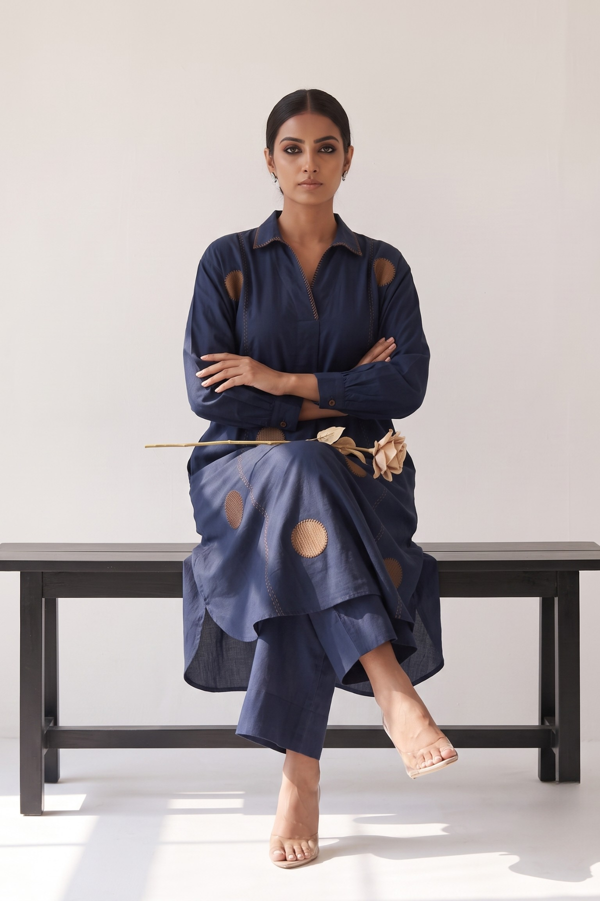 Navy Stillness Cotton Collar Box Pleat Kurta Top Mc