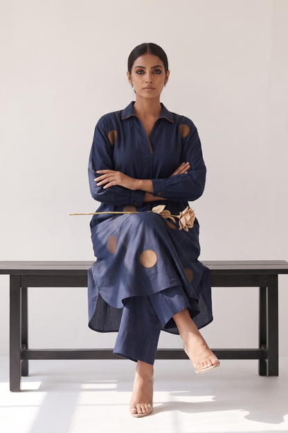 Navy Stillness Cotton Collar Box Pleat Kurta Top Mc