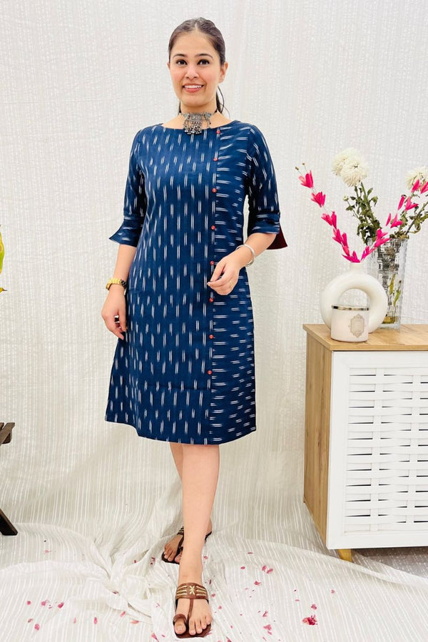 Navy Ikat Formal Shift Dress With Pockets