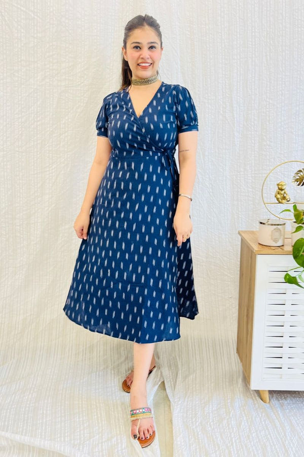 Navy Ikat Wrap Dress