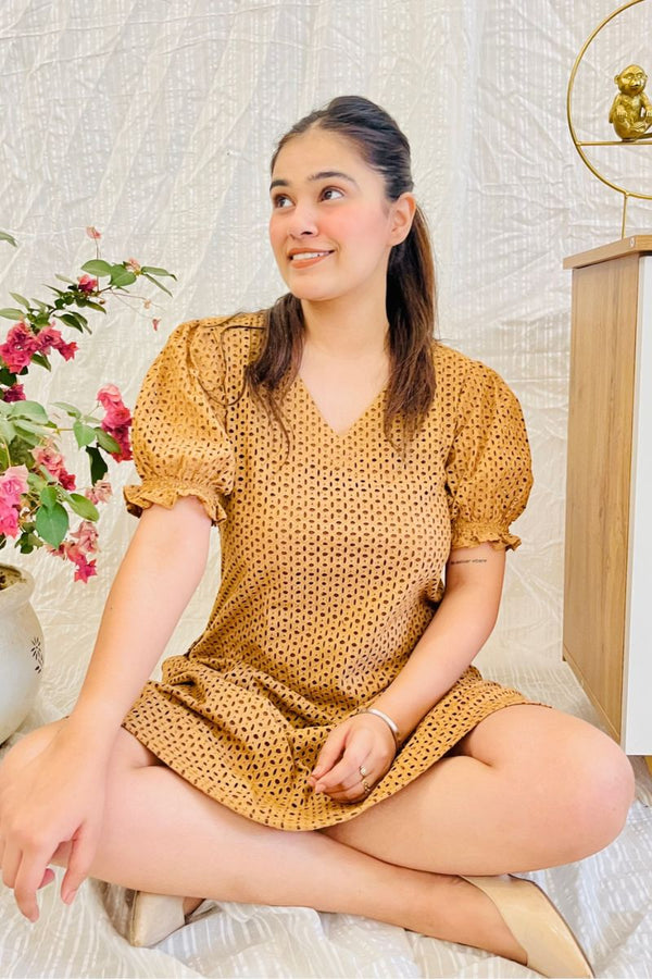 Nude Schiffli Embroidered Flared Dress