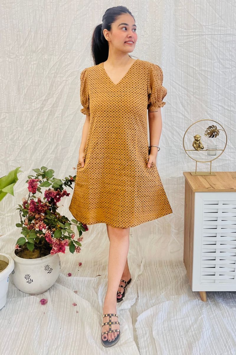 Nude Schiffli Embroidered Flared Dress