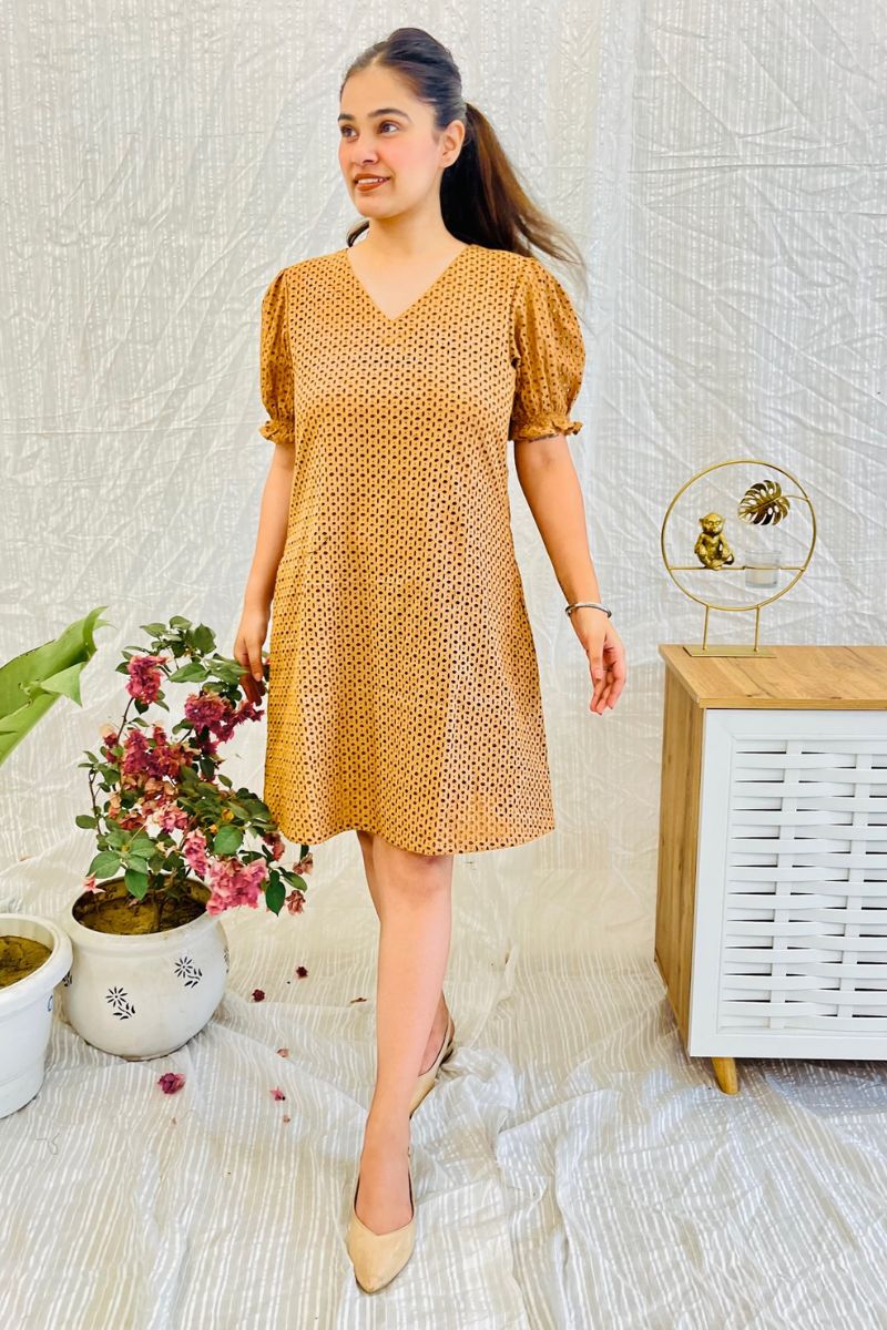 Nude Schiffli Embroidered Flared Dress