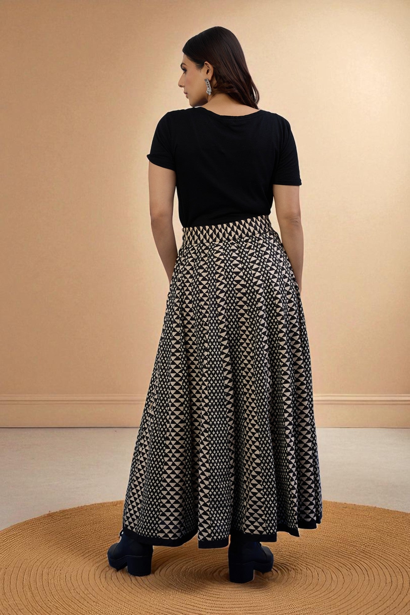 Maati Craft Gulabi Inkwoven Mirage Cotton Panelled Flared Skirt