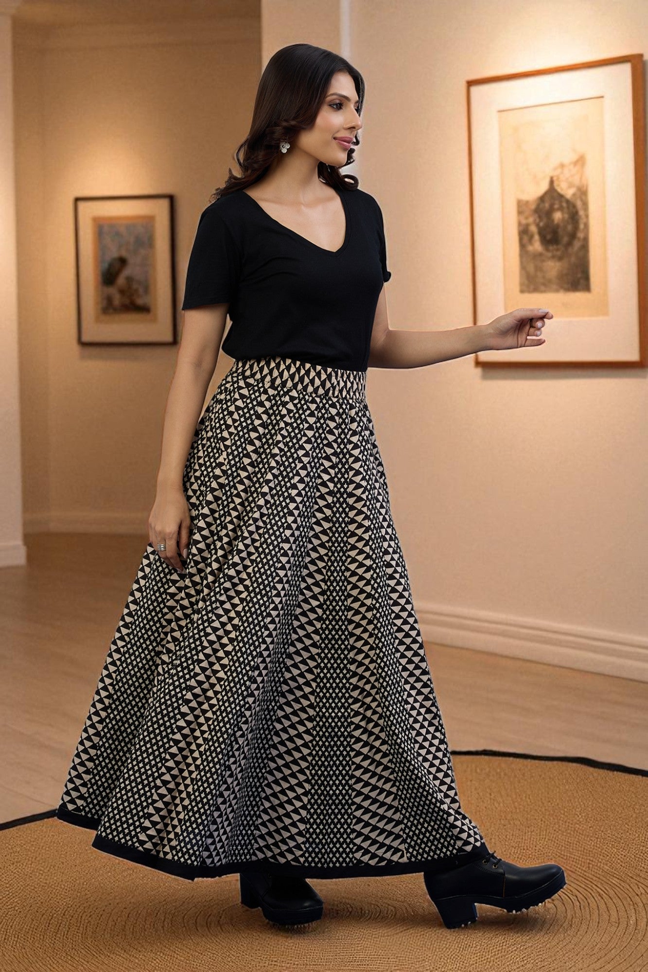 Maati Craft Gulabi Inkwoven Mirage Cotton Panelled Flared Skirt