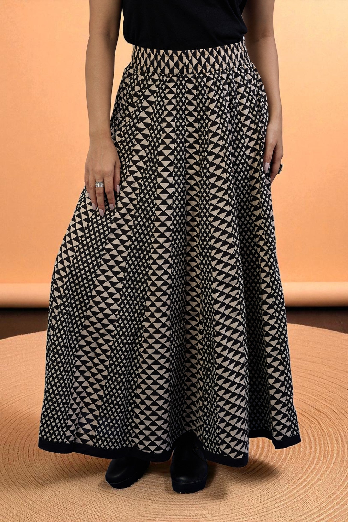 Maati Craft Gulabi Inkwoven Mirage Cotton Panelled Flared Skirt