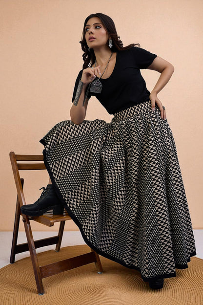 Maati Craft Gulabi Inkwoven Mirage Cotton Panelled Flared Skirt