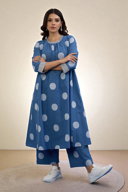 Maati Craft Gulabi Set of 2 : Co-ord Set Sky Dots Cotton Crew Neck Gather Dress & Pants