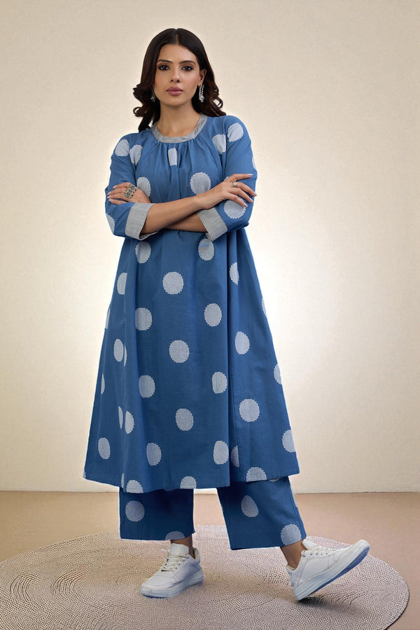 Maati Craft Gulabi Set of 2 : Co-ord Set Sky Dots Cotton Crew Neck Gather Dress & Pants