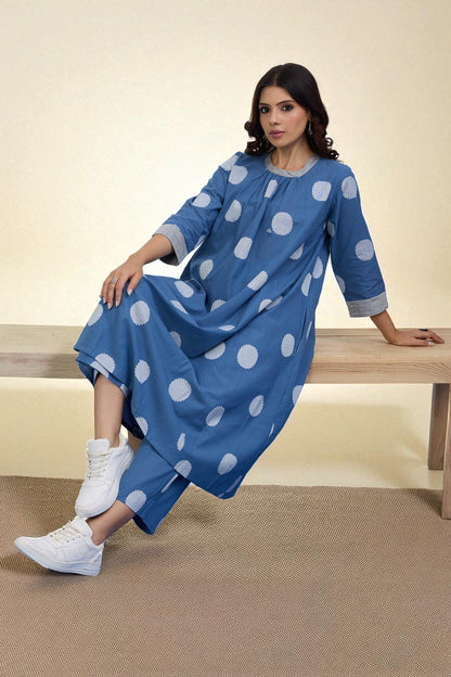 Maati Craft Gulabi Set of 2 : Co-ord Set Sky Dots Cotton Crew Neck Gather Dress & Pants