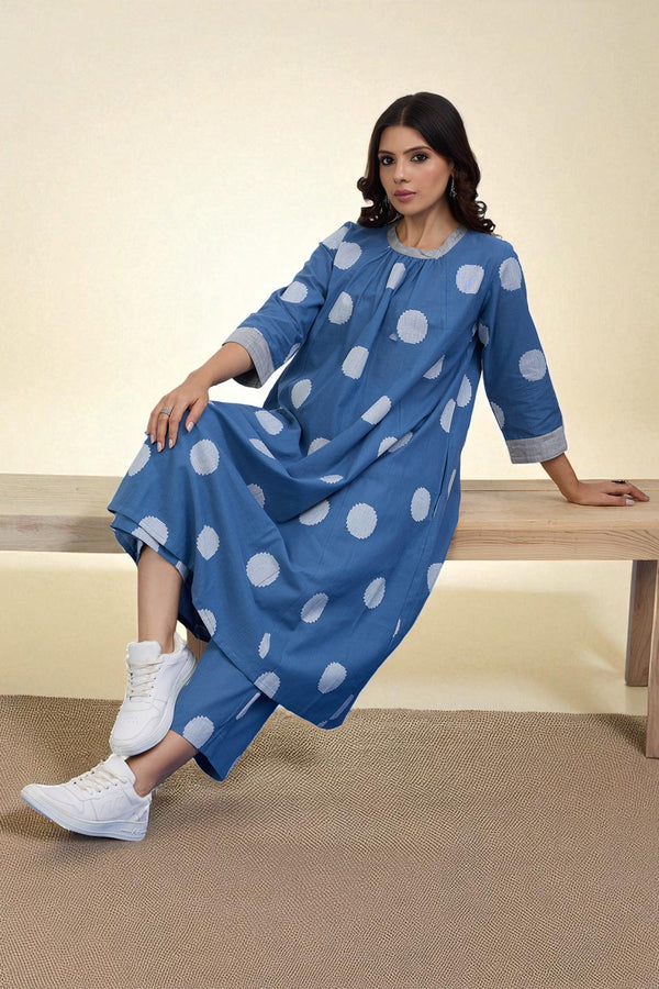 Maati Craft Gulabi Set of 2 : Co-ord Set Sky Dots Cotton Crew Neck Gather Dress & Pants