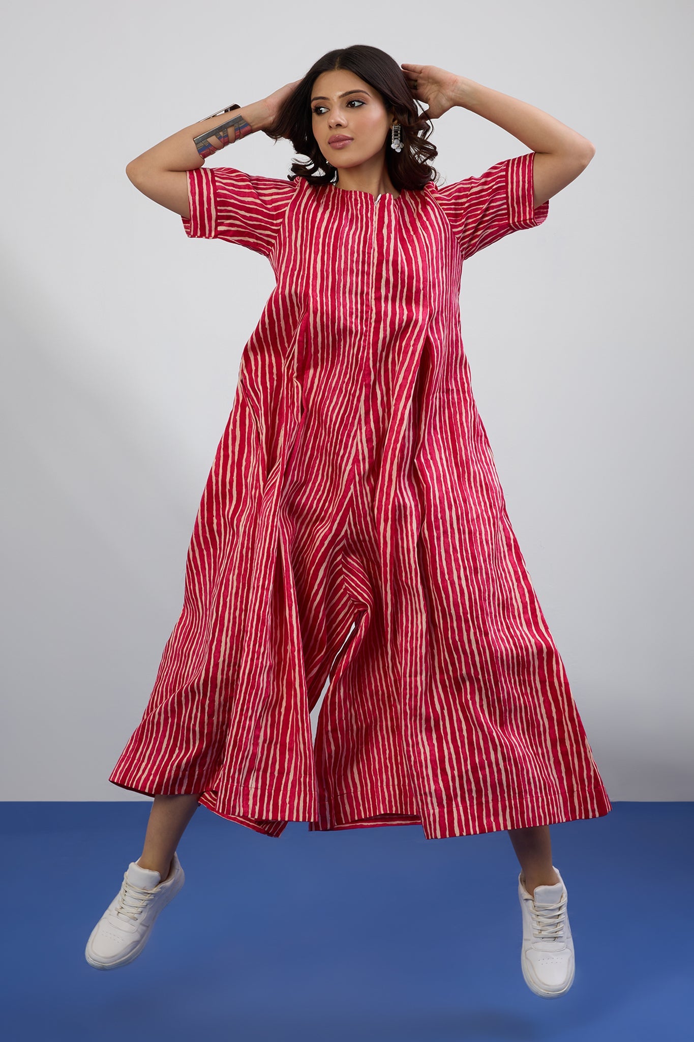 Candy Stripes Jumpsuit With Pockets & Sleeves