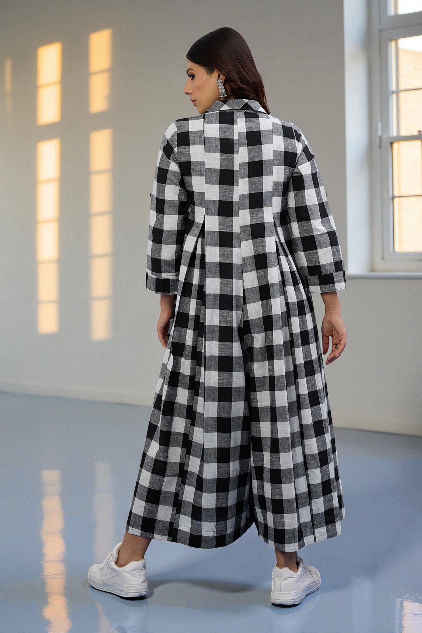 Maati  Chessboard Charm Cotton Jumpsuit With Pockets & Collar