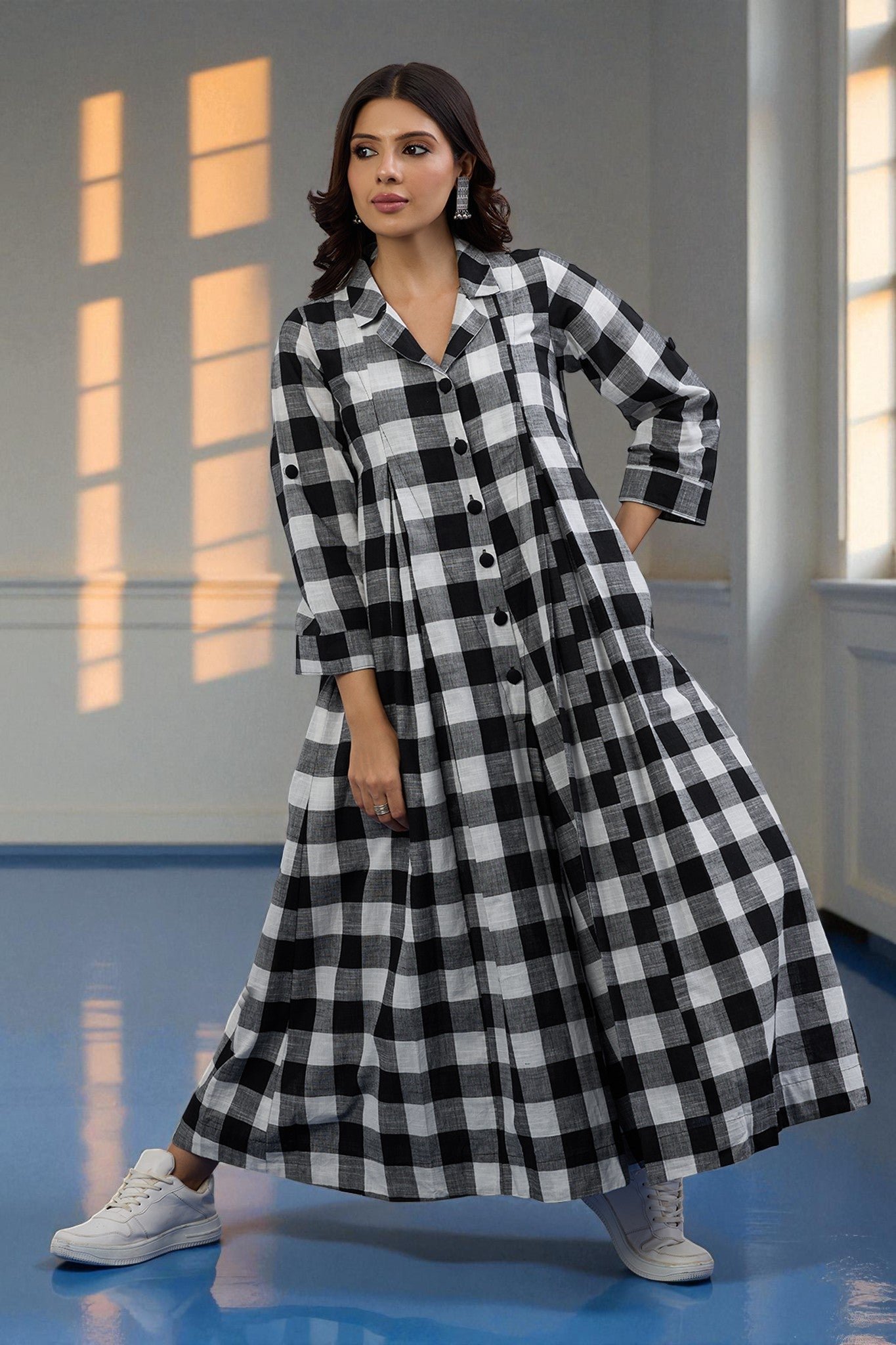 Maati  Chessboard Charm Cotton Jumpsuit With Pockets & Collar