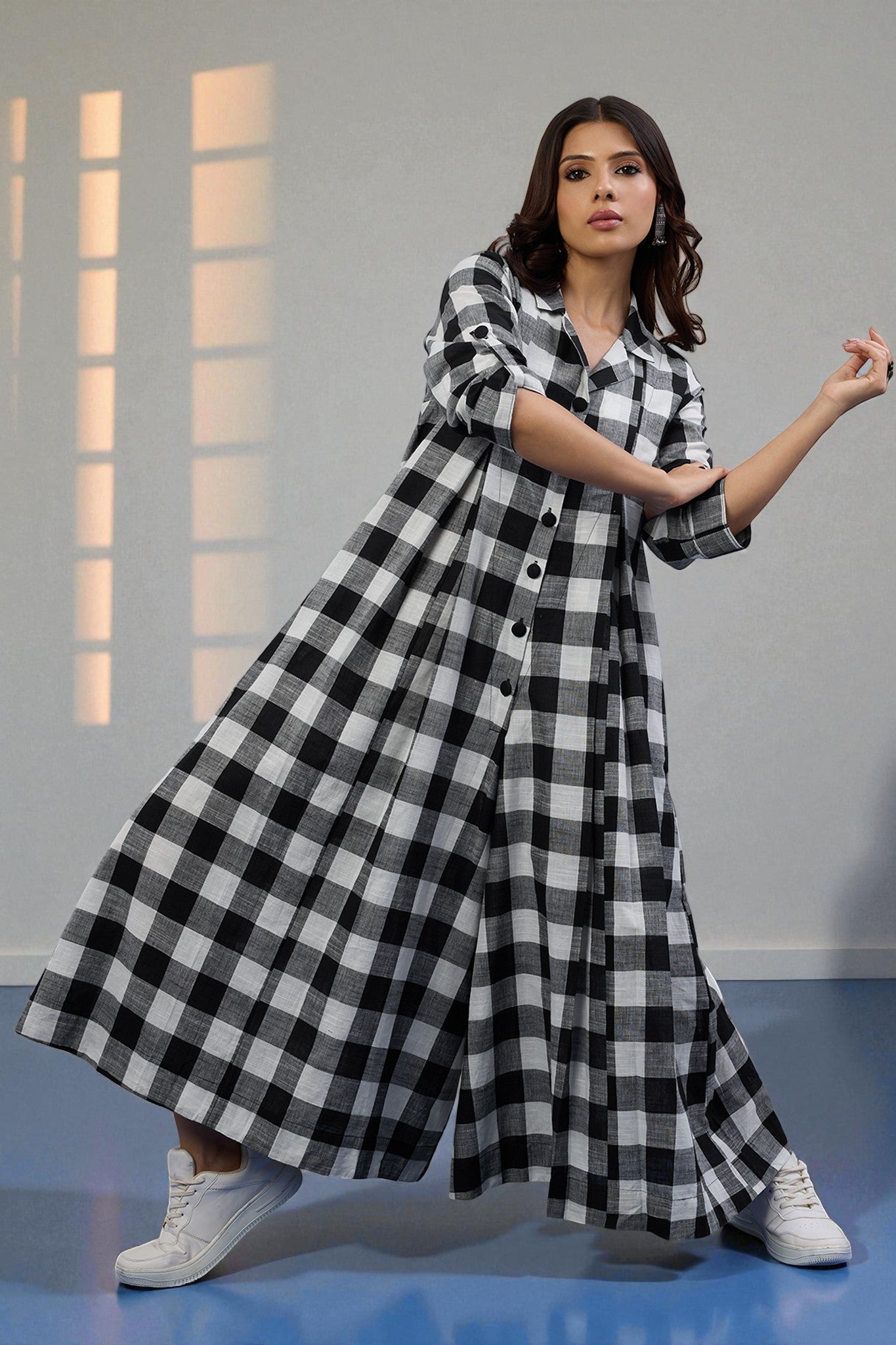 Maati  Chessboard Charm Cotton Jumpsuit With Pockets & Collar