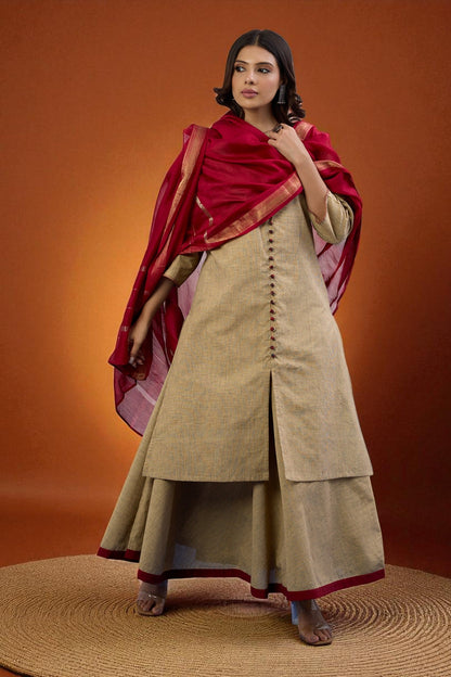Maati Craft Gulabi Set of 2: Co-ord Set Sandstone Whisper Cotton Button Down Kurta with Flared Skirt