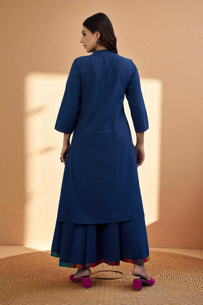 Maati Craft Gulabi Set of 2: Co-ord Set Midnight Blue Cotton Button Down Kurta with Flared Skirt