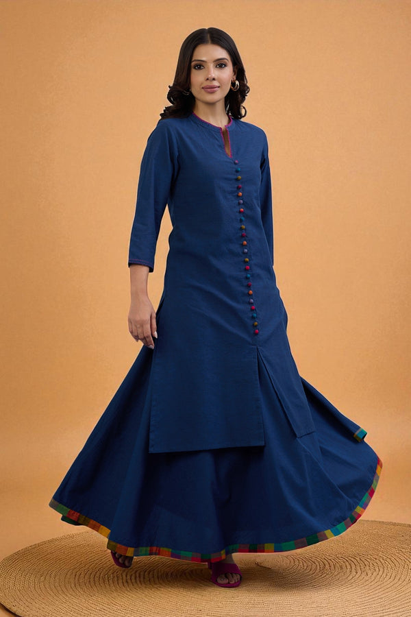 Maati Craft Gulabi Set of 2: Co-ord Set Midnight Blue Cotton Button Down Kurta with Flared Skirt