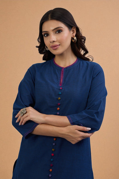 Maati Craft Gulabi Set of 2: Co-ord Set Midnight Blue Cotton Button Down Kurta with Flared Skirt