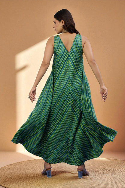 Maati Craft Gulabi Emerald Wave Sleeveless Strap Satin Cotton Flared Bias Dress
