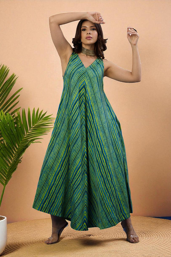 Maati Craft Gulabi Emerald Wave Sleeveless Strap Satin Cotton Flared Bias Dress