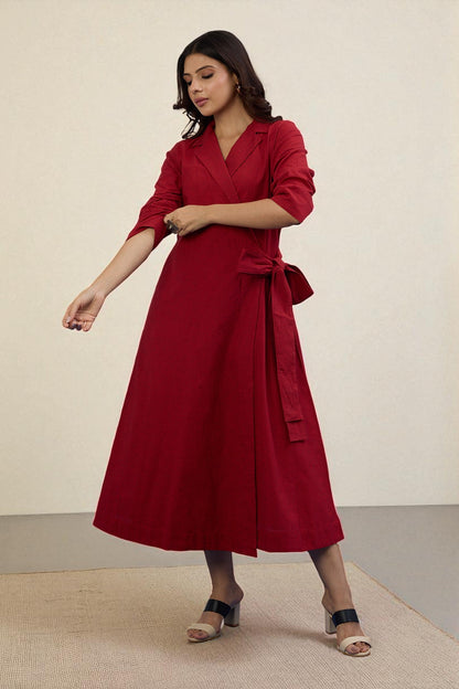 Maati Craft Gulabi Scarlet Charm South Cotton Trench Belt Dress