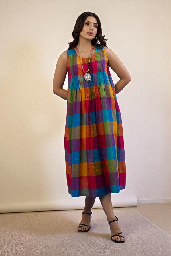 Maati Craft Gulabi Colorburst Plaid Madras Cotton Pintuck Sleeveless Dress