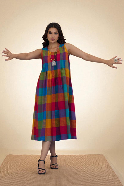 Maati Craft Gulabi Colorburst Plaid Madras Cotton Pintuck Sleeveless Dress